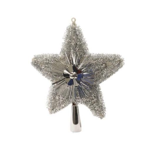 sølv glitter og lametta topstjerne i plastik til juletræets top Ø 21 cm.