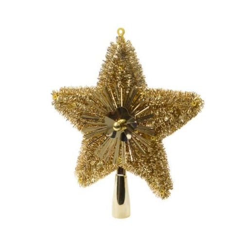 guld glitter og lametta topstjerne i plastik til juletræets top Ø 21 cm.