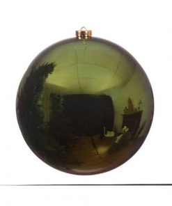 große Weihnachtskugel aus Kunststoff Durchmesser 14 Zentimeter glänzend grüne Oberfläche