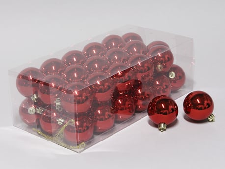 36 stk. blanke røde plastik julekugler diameter 6 cm. til juletræ og julepynt