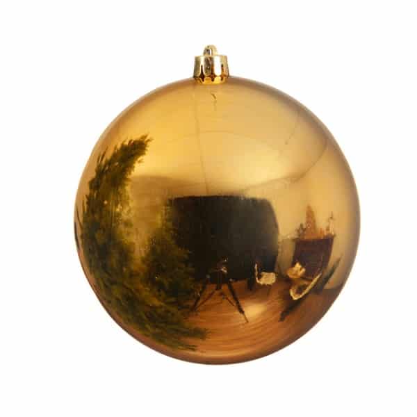 stor julekugle i plastik diameter 14 centimeter blank guld overflade