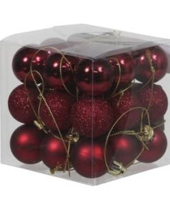 boks med 27 stk. små mørkerøde plastik julekugler med forskellige overflader