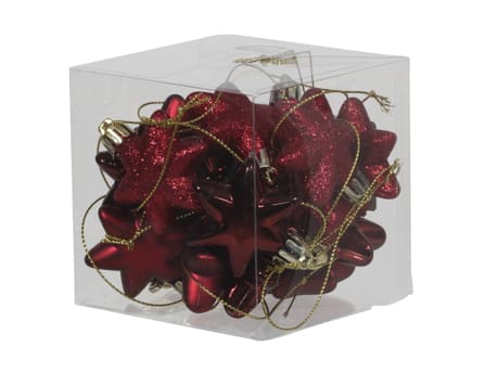 Box mit 18 Stk. kleine dunkelrote Plastiksterne für Weihnachten und Tischdekorationen mit unterschiedlichen Oberflächen