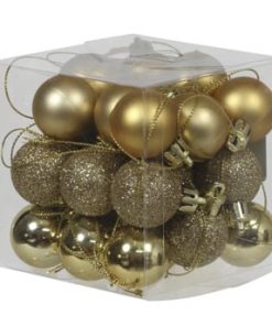 boks med 27 stk. små guld plastik julekugler med forskellige overflader