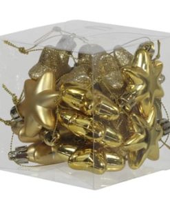 boks med 18 stk. små guld plastik stjerner til jul og bordpynt med forskellige overflader