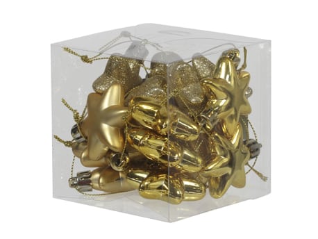 Box mit 18 Stk. kleine goldene Plastiksterne für Weihnachten und Tischdekorationen mit unterschiedlichen Oberflächen