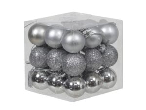boks med 27 stk. små sølv plastik julekugler med forskellige overflader