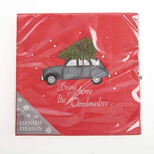 Weihnachtsservietten Mittagessen Größe grün mit rotem 2 CV Auto mit Weihnachtsbaum auf der Scheune