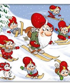 Weihnachtsservietten mit Julius-Elfen, die auf einer Skipiste Ski fahren
