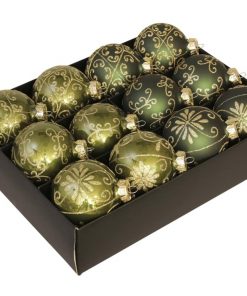 12 styk 2 nuancer grønne glas julekugler ø 75 mm med dekoration