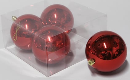 4 stk. blanke røde plastik diameter 12 cm. store julekugler til juletræ og julepynt