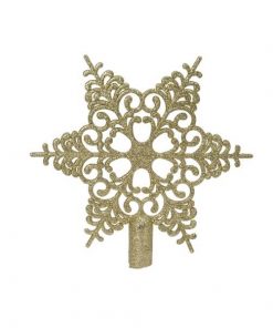 guld snefnug iskrystal topstjerne i plastik til juletræets top Ø 19 cm.