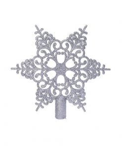 sølv snefnug iskrystal topstjerne i plastik til juletræets top Ø 19 cm.