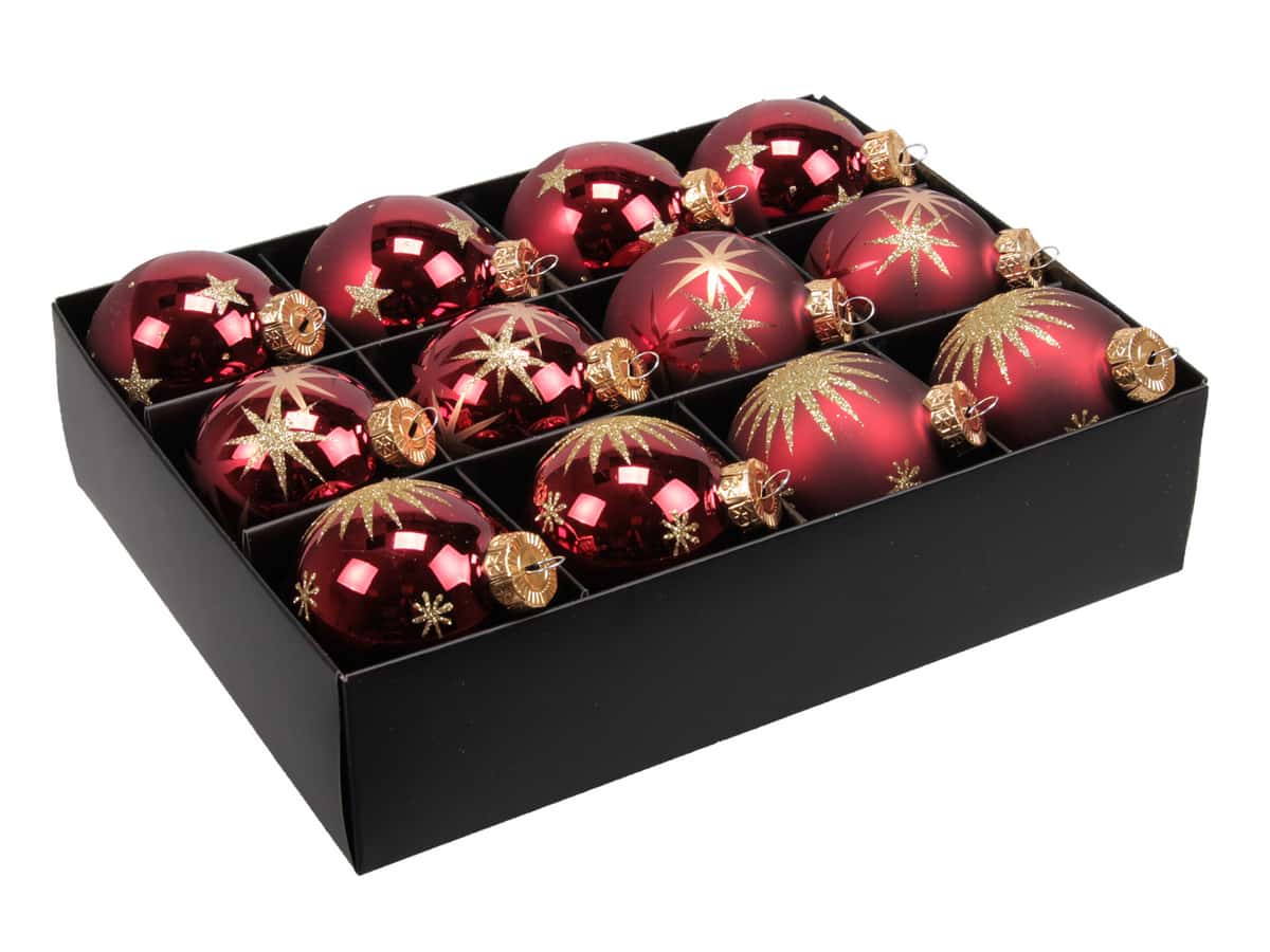 12 styk mørkerøde glas julekugler ø 75 mm med dekoration af guld glitter