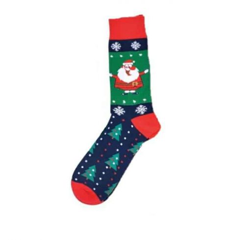 Socken mit Weihnachtsmotiven für Erwachsene Größe 40 bis 47 blau mit Weihnachtsmann und Weihnachtsbäumen
