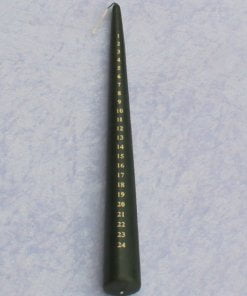 Kalenderkerze grün 40 Zentimeter kegelförmig mit goldenen Zahlen