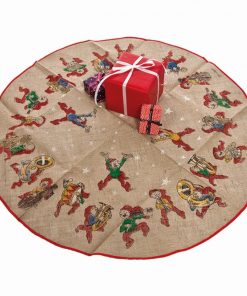 tæppe til under juletræet i hessian stof med påtrykte bramming nisser