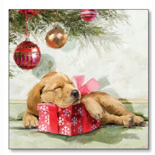 Servietten mit einem Welpen, der unter dem Weihnachtsbaum auf einem Weihnachtsgeschenk schläft