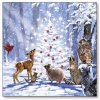 blålig serviet med skovens dyr ved juletræ