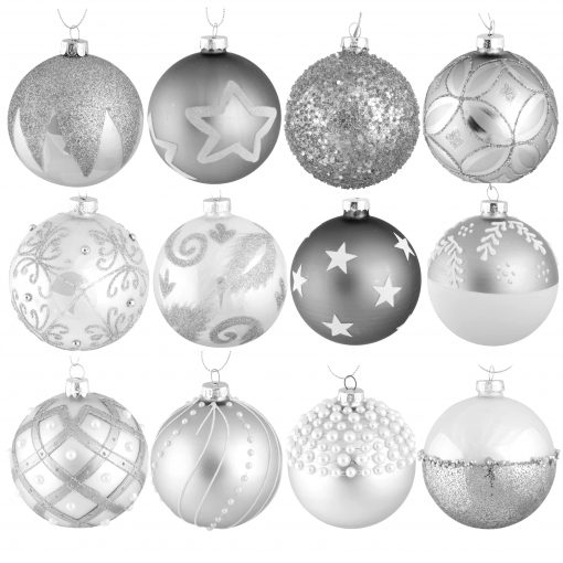 12 Stück Silberglas Weihnachtskugeln ø 80 mm mit Dekoration