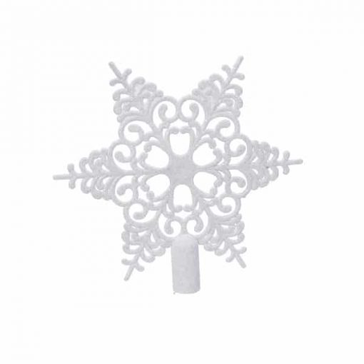 weißer Schneeflocken-Eiskristall-Spitzenstern aus Kunststoff für die Weihnachtsbaumspitze Ø 19 cm.