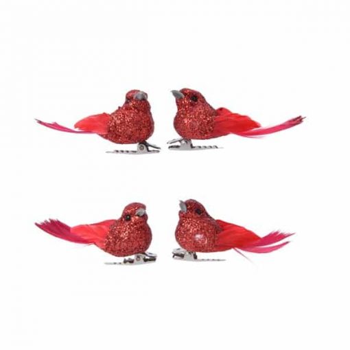 4 identische Dekovögel mit Federschwanz in Rot
