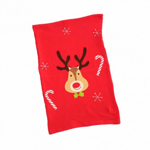 julemandens gavesæk til julegaver i  rød filt med motiv af Rudolf