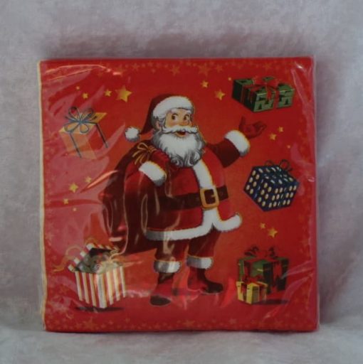 servietter i frokoststørrelse røde med julemanden med gavesæk juleservietter fra asp-holmblad