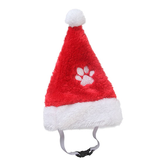 Weihnachtsmütze aus rotem und weißem Plüsch mit Pfotenabdrücken und Gummiband für Katzen und kleine Hunde
