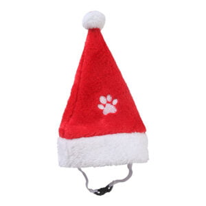 nissehue i rød og hvid plys med poteaftryk og elastik til hunde og katte