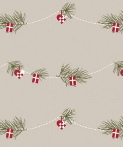 klassisk dansk julegavepapir med guirlande med fyr, hjerter og flag