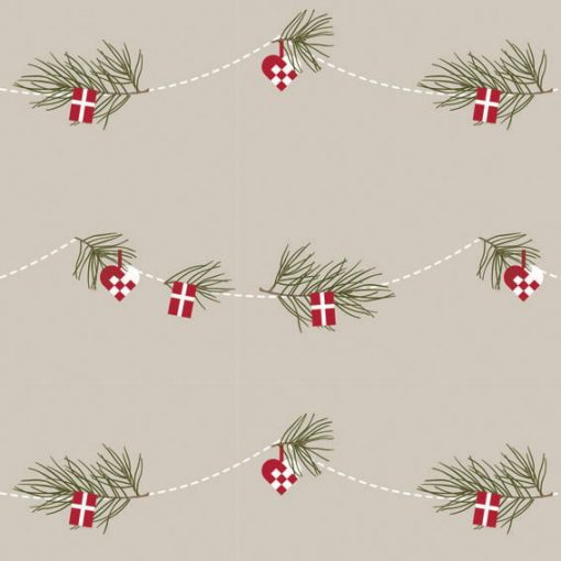 klassisk dansk julegavepapir med guirlande med fyr, hjerter og flag