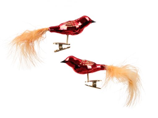 2 styk glasfugle med fjerhale og clips i skinnende røde nuancer