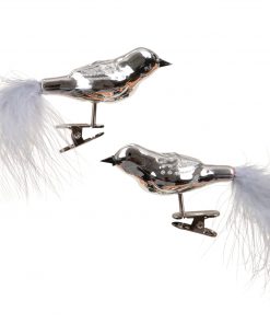 2 styk glasfugle med fjerhale og clips i skindende sølv nuancer