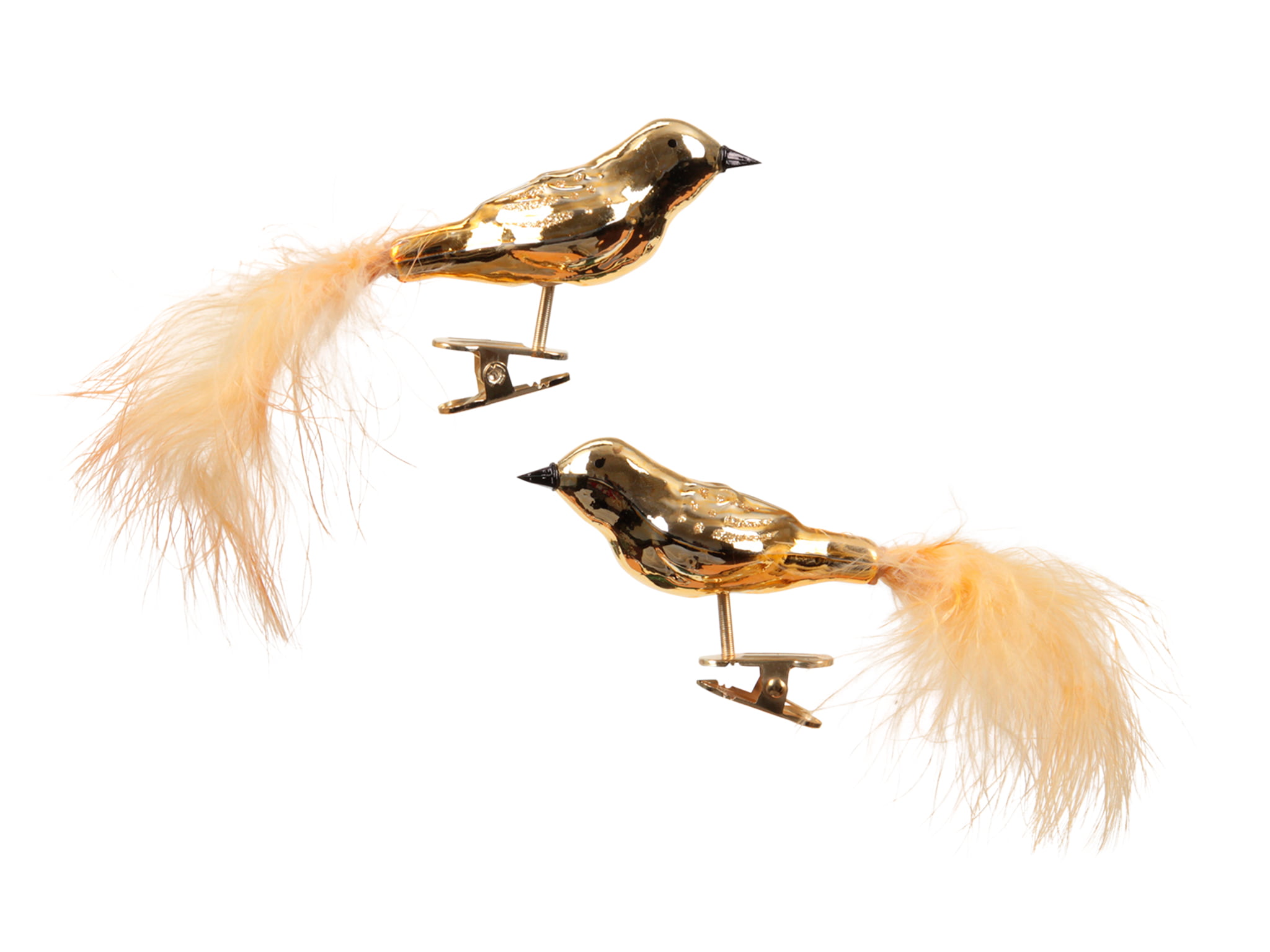 2 styk glasfugle med fjerhale og clips i skinnende lys guld nuancer