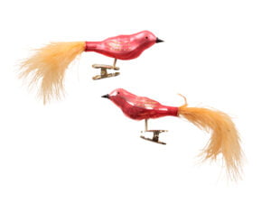 2 styk glasfugle med fjerhale og clips i skinnende kamelia rosa nuancer