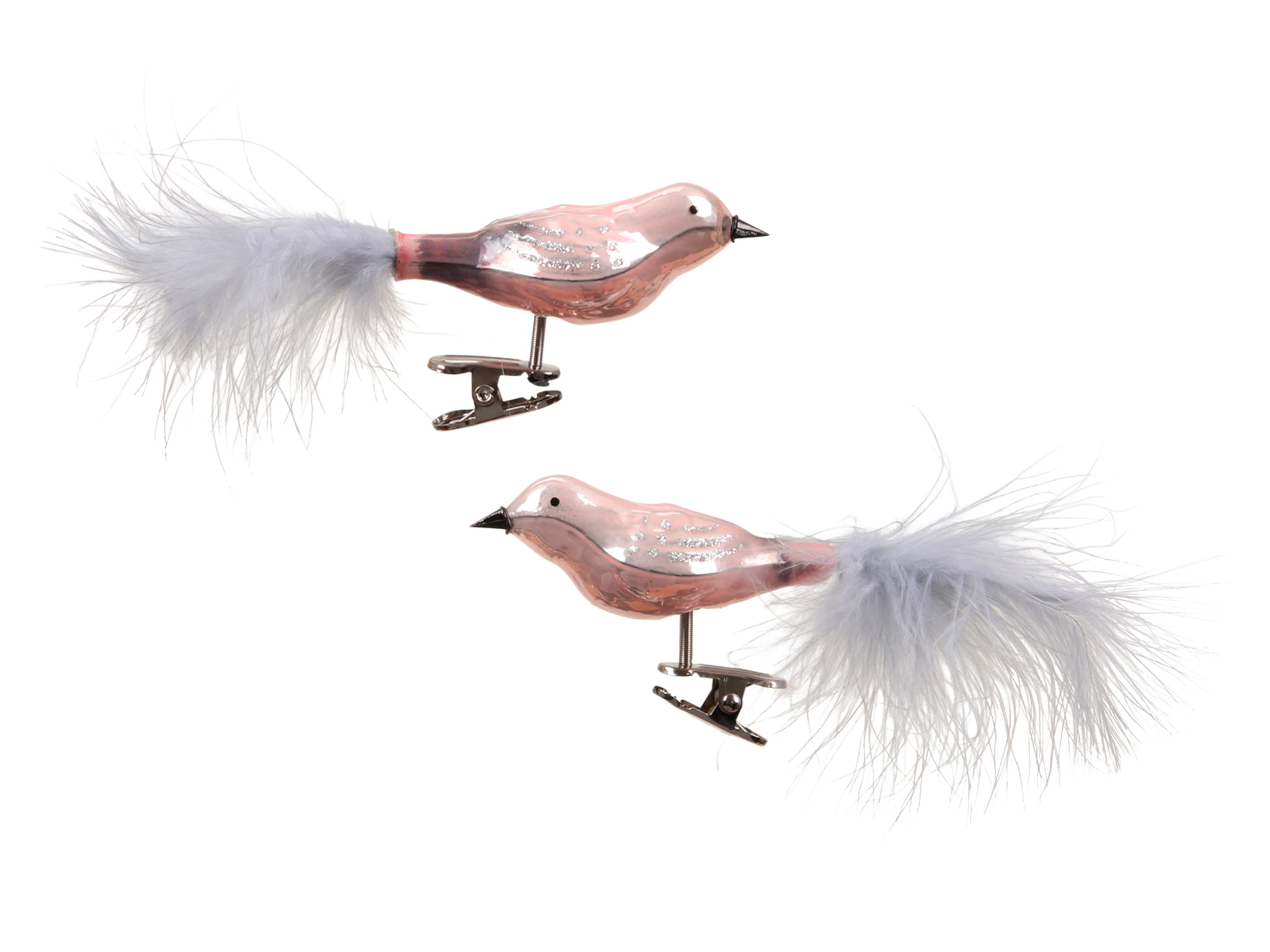 2 styk glasfugle med fjerhale og clips i skinnende lys blossom nuancer