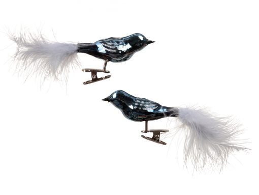 2 styk glasfugle med fjerhale og clips i skinnende mørke blå nuancer
