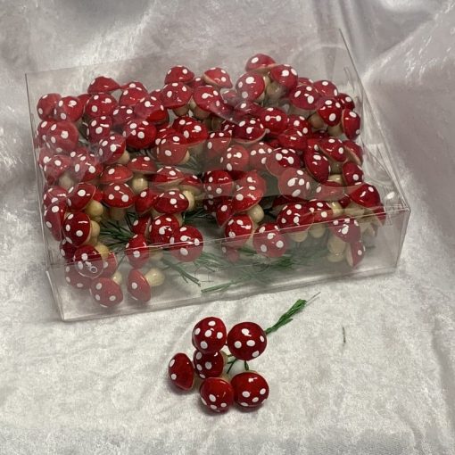 Schachtel mit 144 Stück künstlichen roten Fliegenpilzen am Draht zur Verwendung in Dekorationen