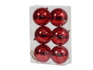 6 stk. blanke røde plastik diameter 10 cm. julekugler til juletræ og julepynt