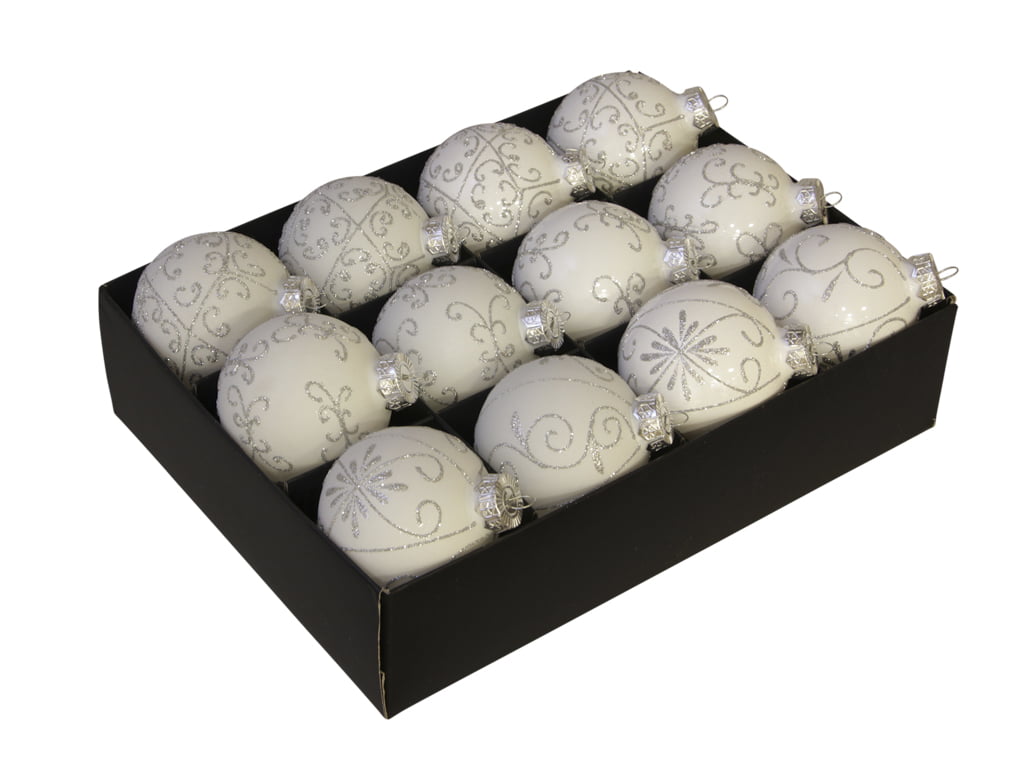 12 arktisch weiße Weihnachtskugeln aus Glas ø 75 mm mit Wirbeln in silbernem Glitter