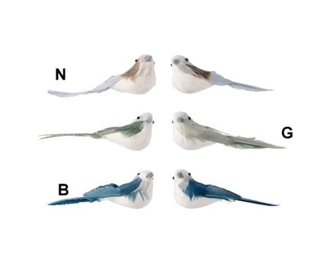 2 identische Deko-Vögel mit Federschwänzen in Weiß und Blau und Clips