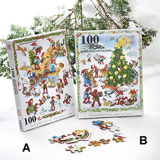 Weihnachtspuzzle mit Motiv eines Flugzeugs voller Elfen und Tiere von Vilhelm Hansen