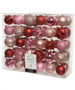 plast julekugler Ø6 og Ø7 i rød, pink og rosa