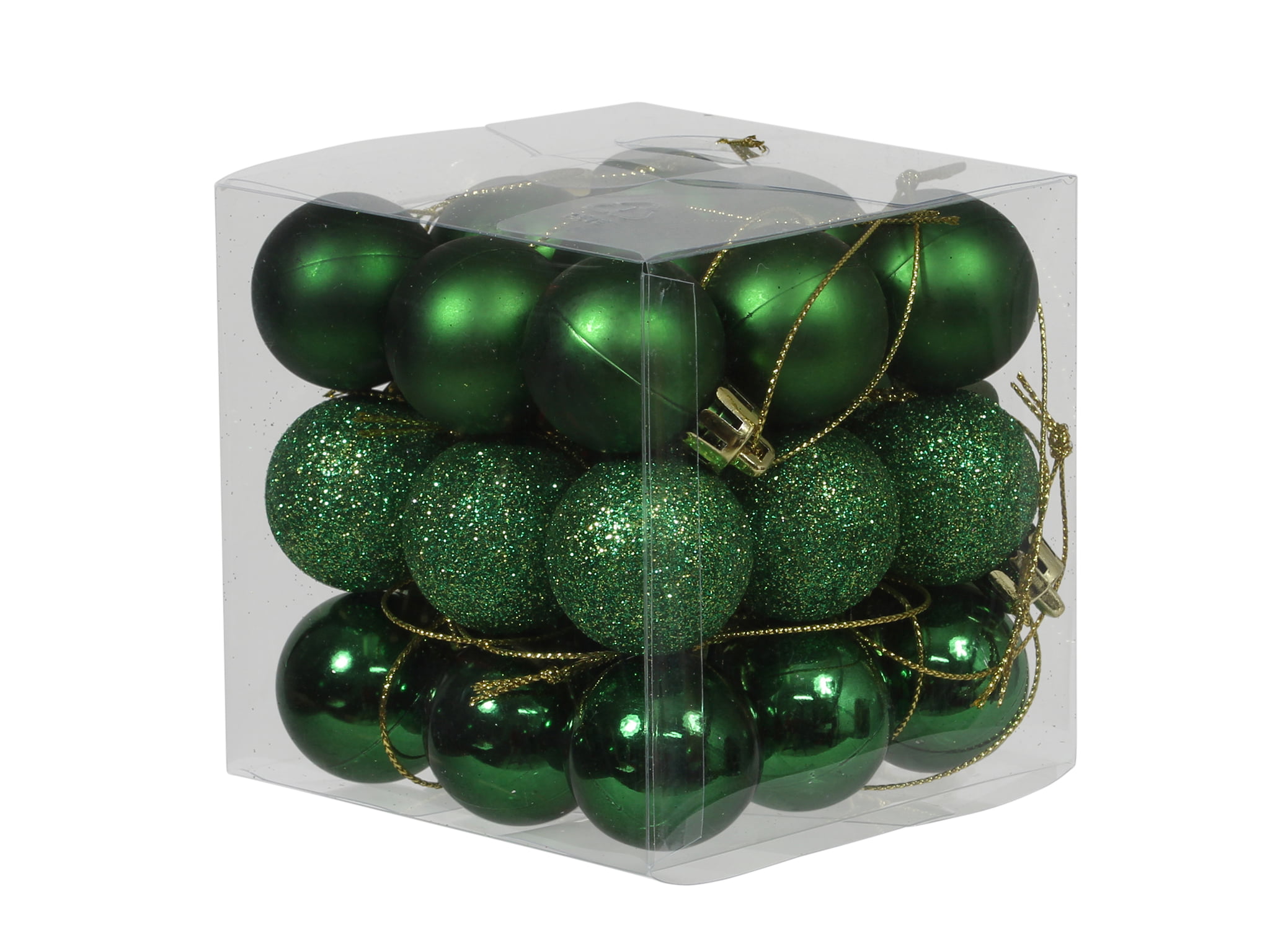boks med 27 stk. små skovgrønne combi plastik julekugler med forskellige overflader