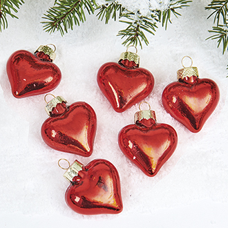 6 Stück einfarbig glänzend rote Weihnachtsherzen aus Glas, Durchmesser 8 cm