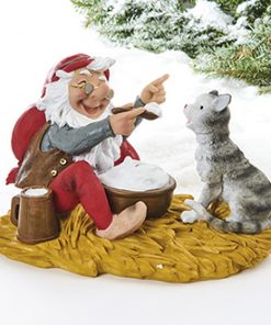große Figur mit Weihnachtsmann mit Reisbrei und einer Katze, die nach Vilhelm Hansen schmeckt