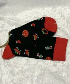 Strümpfe mit Weihnachtsmotiven für Erwachsene Größe 36 bis 40 schwarz mit roten Rändern