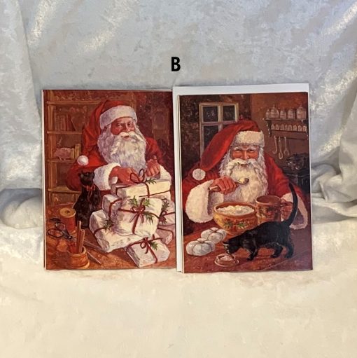 4 doppelte Weihnachtspostkarten mit Umschlägen mit Weihnachtsmann und Katze