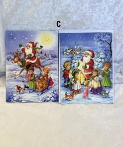 4 styk dobbelte julepostkort med kuverter med julemand og børn